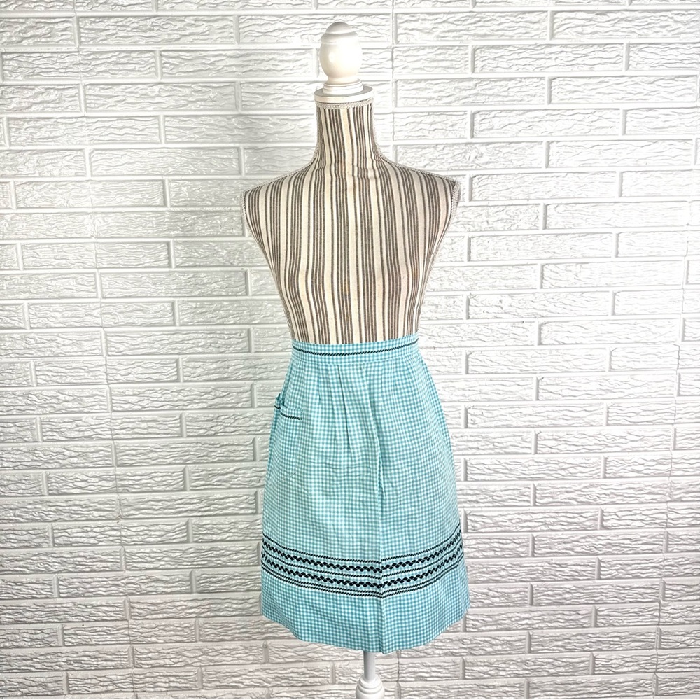 Vintage Handmade Aqua and White Gingham Half Apron with Decorative Embroidery